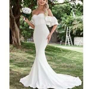 Stunning Off Shoulder Ruffle Trim Floor Length Wedding Dress